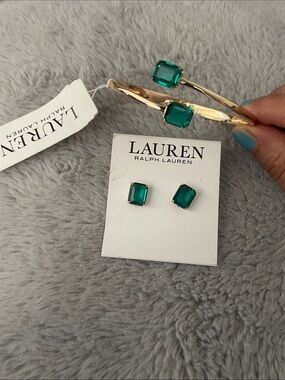 Lauren Ralph Lauren Gold-Tone Bangle and Emerald Green Stud Earrings set